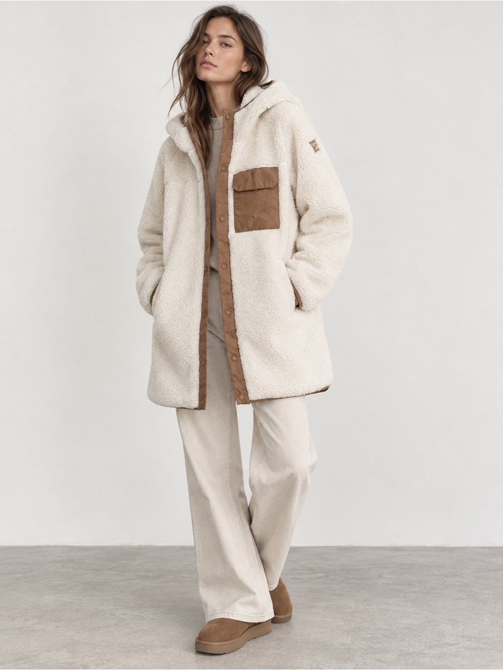 Women's Cream Sherpa Hooded Coat with Brown Trim